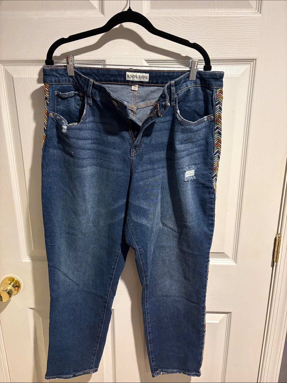 Knox Rose Blue Denim Boyfriend Jeans with Multicolor Chevron Side Trim